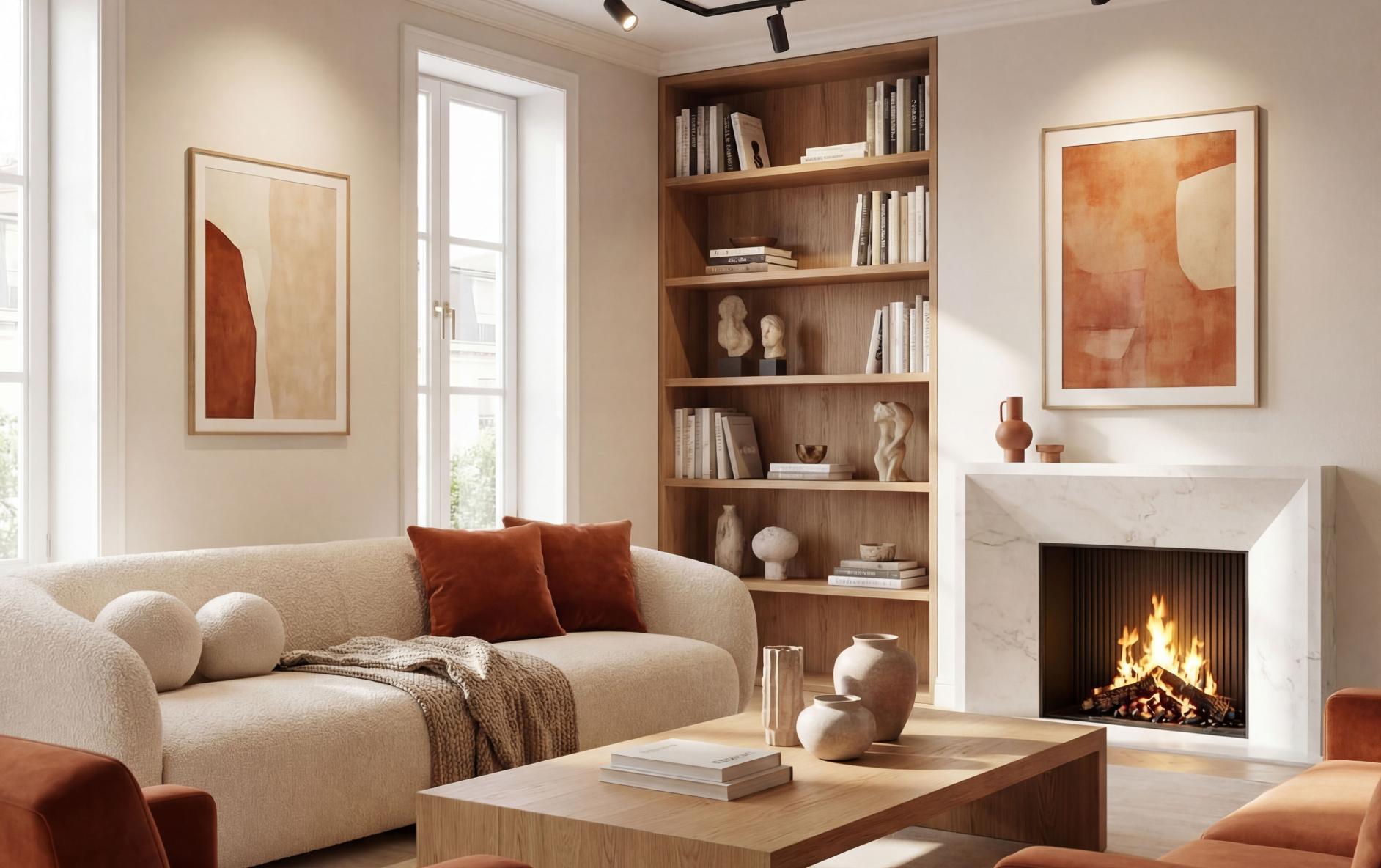 A stunning modern living room with a fireplace lit by black track lighting.