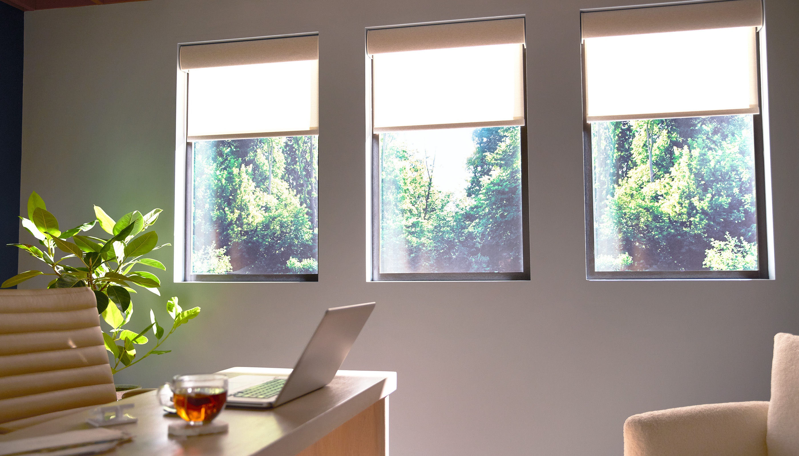 A Northeast private residence homeoffice with Lutron Serena & Honeycomb Shades