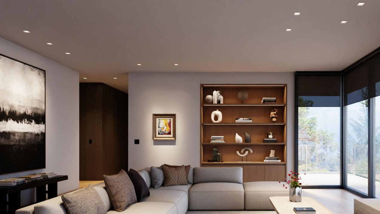 Rania two-inch D2 downlights being used in multiple areas of a living room.