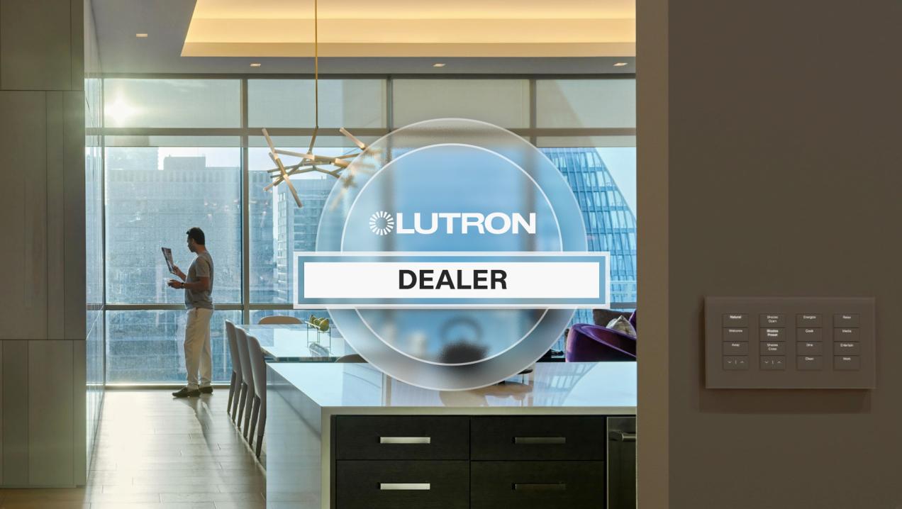 A Lutron Dealer standing at his office window with a city view beyond.