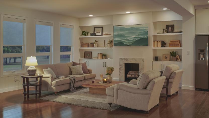 Smart shades used in a living room.