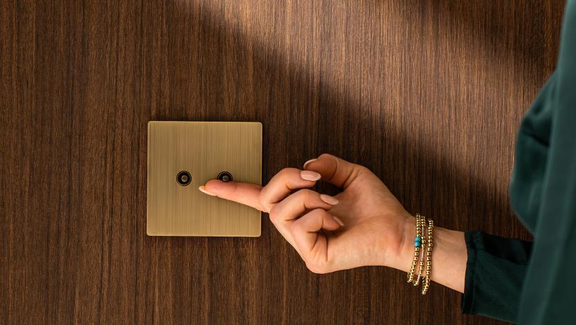 Aviena keypad heritage-inspired control with weighted mechanical toggle in brushed brass.