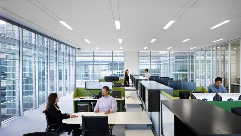 Modern commercial office with Intelligent Lighting and embedded fixture technology.