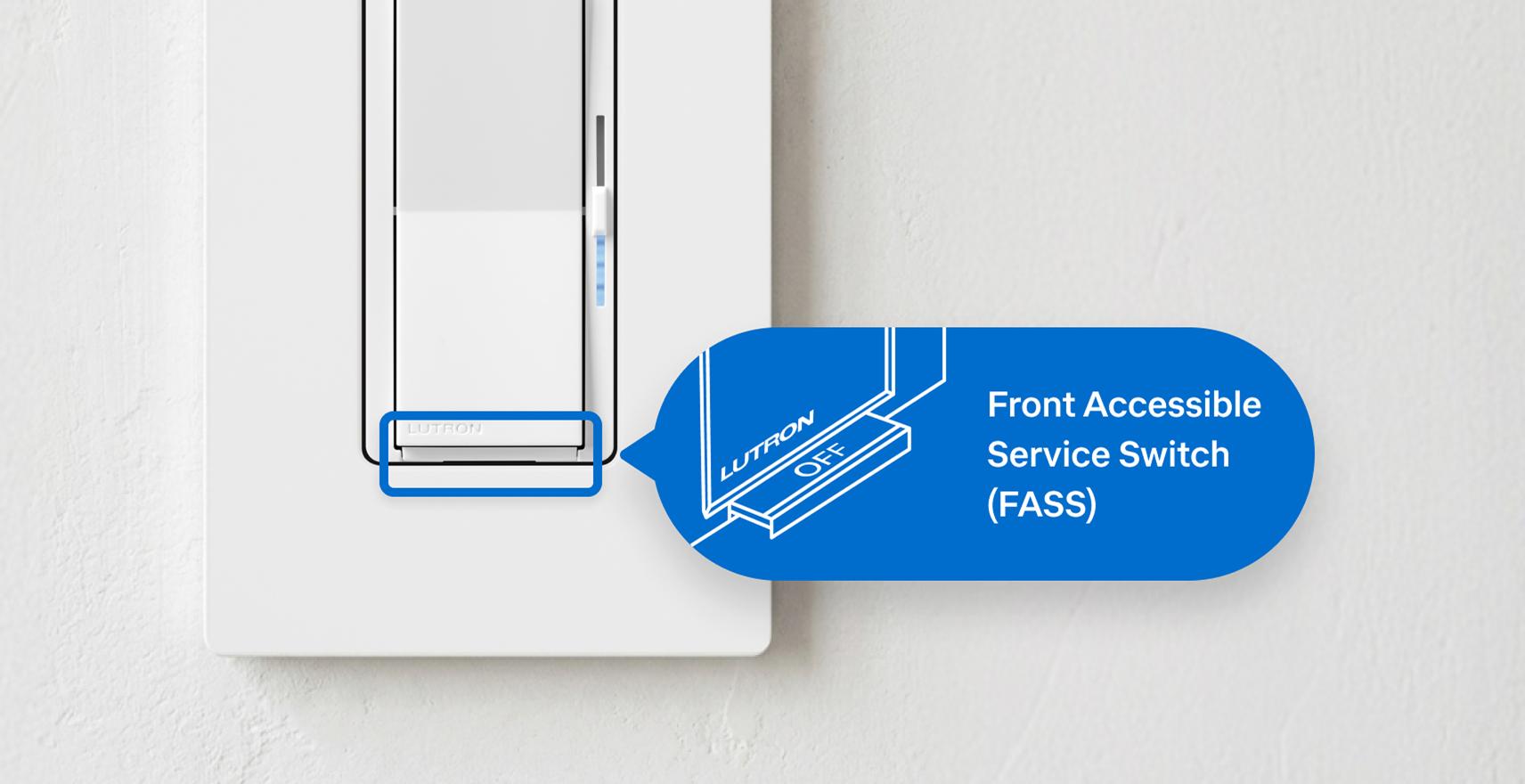 An LED+ Pro Max dimmer with an illustration insert showing the Front Accessible Service Switch.