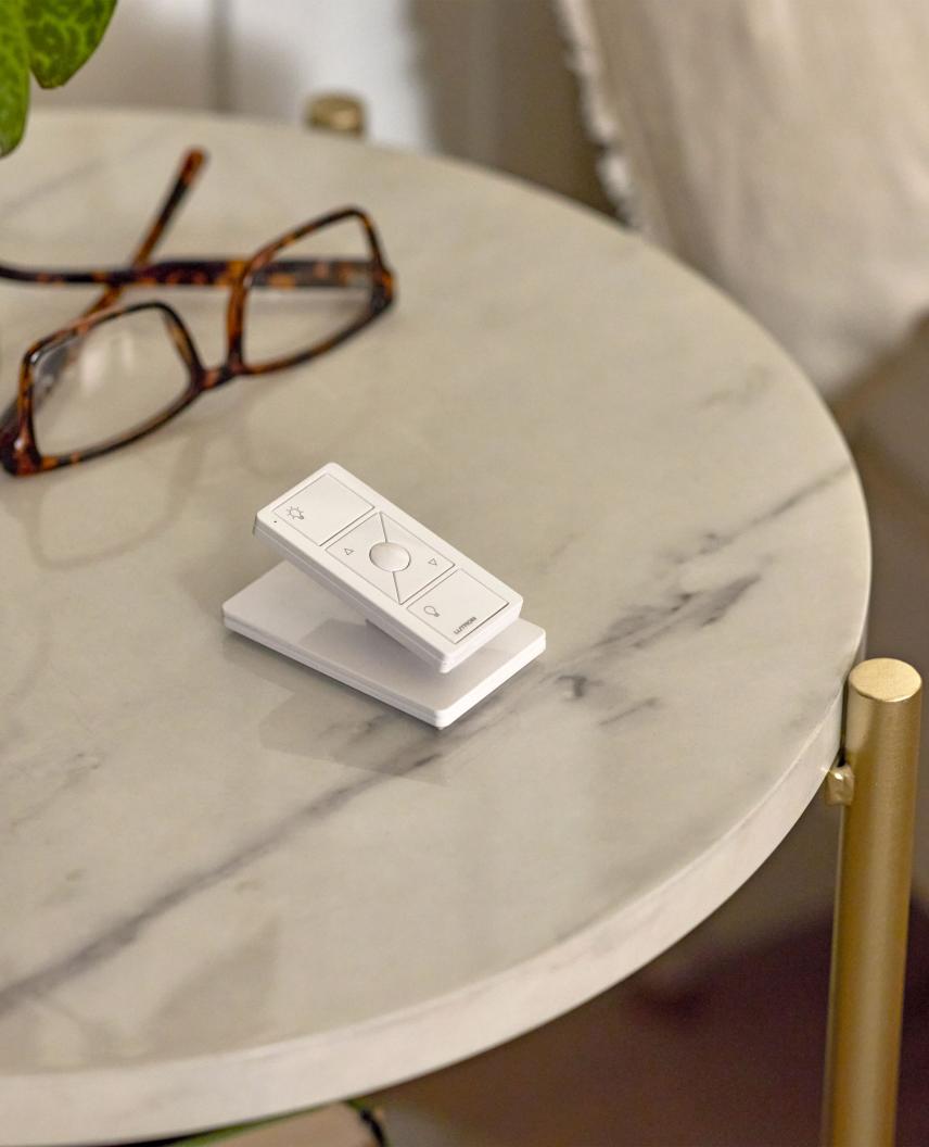 Pico wireless remote mounted on weighted pedestal placed atop a small table.