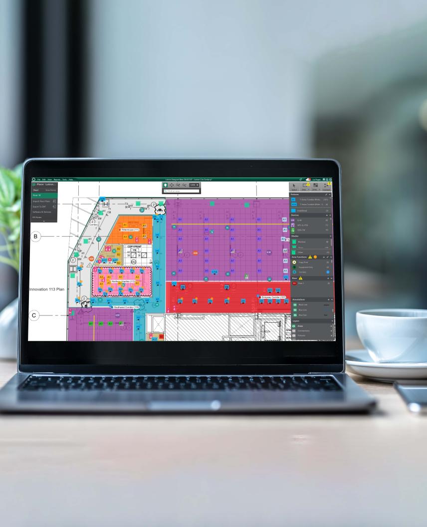  View of an office lighting plan as seen in Lutron Designer+ for desktop.