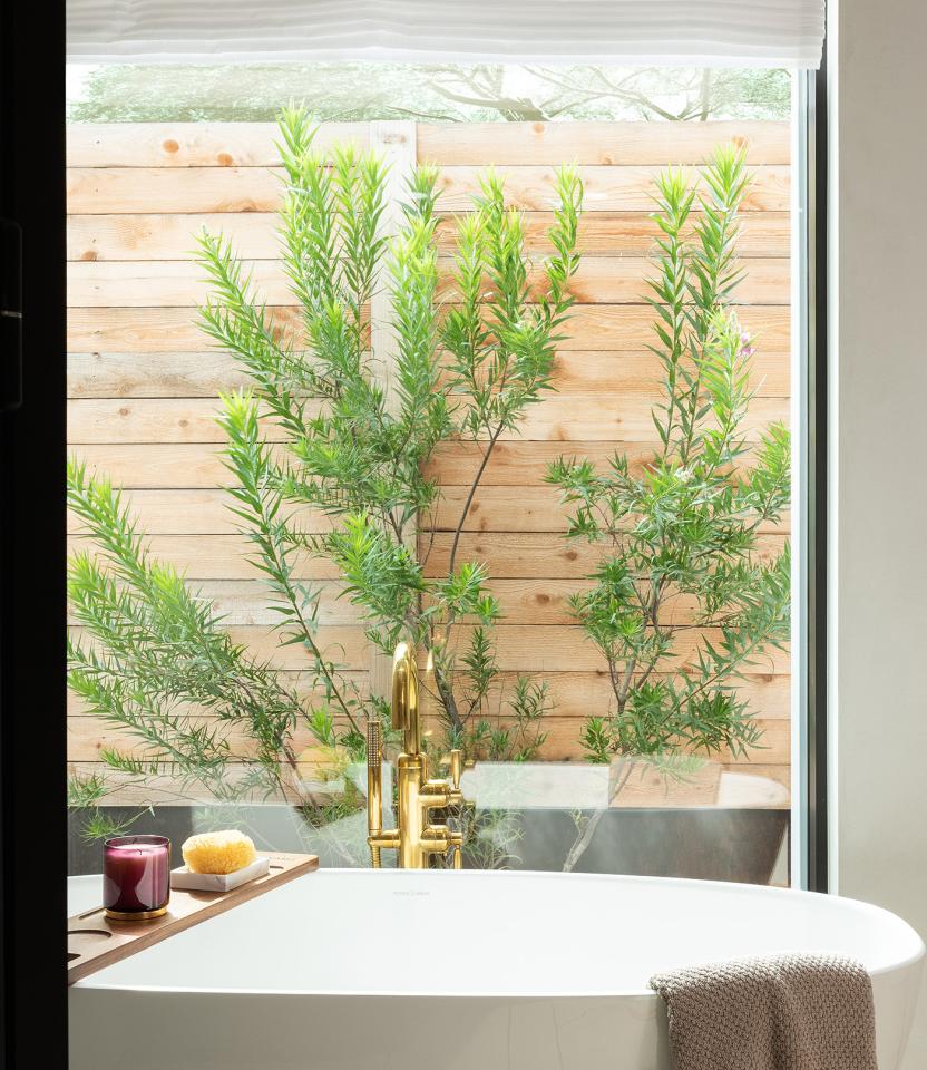 An Austin residential bathroom with Lutron Ketra lights, Roman shades, Sivoia and HomeWorks.