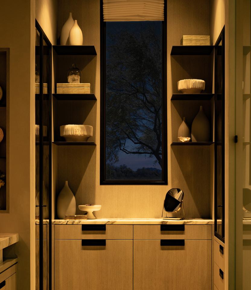 An Austin residential bathroom with Lutron Ketra lights, Roman shades, Sivoia & HomeWorks