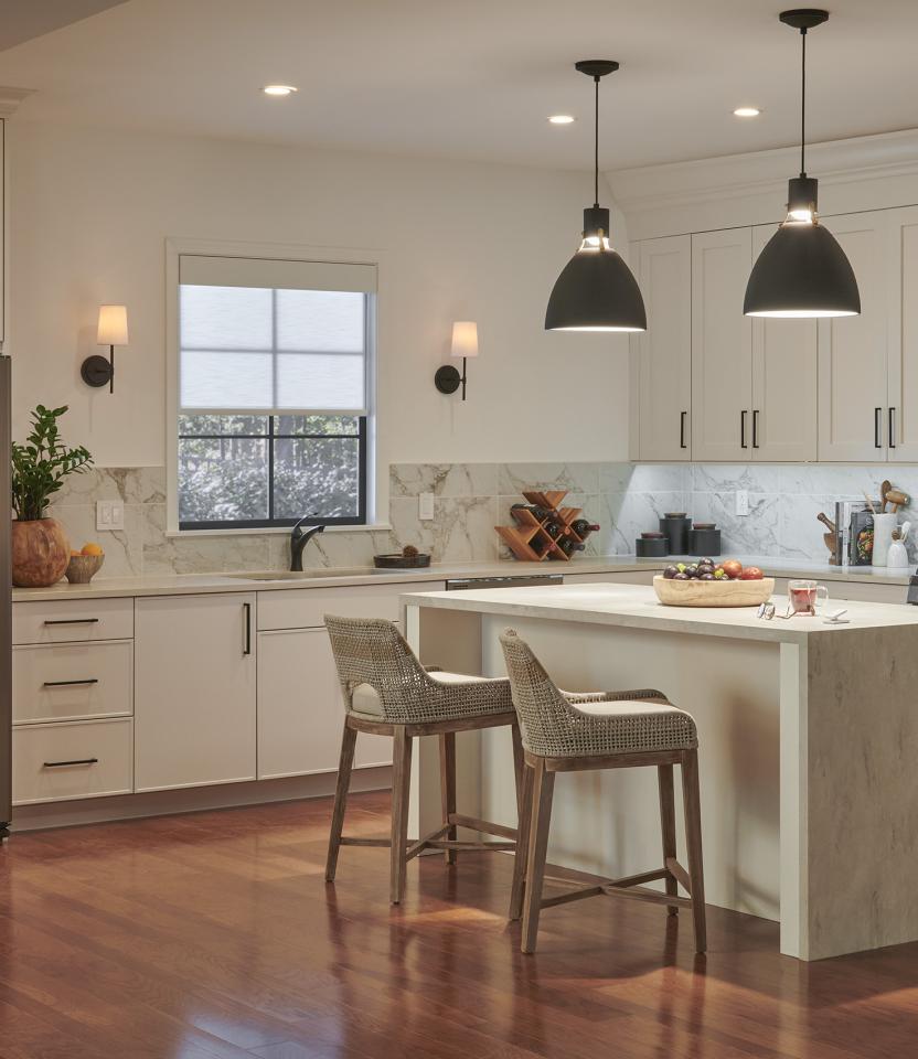 A Northeast private residence kitchen with Lutron Serena, Roller Shades, Caséta & Dimmers & Switches