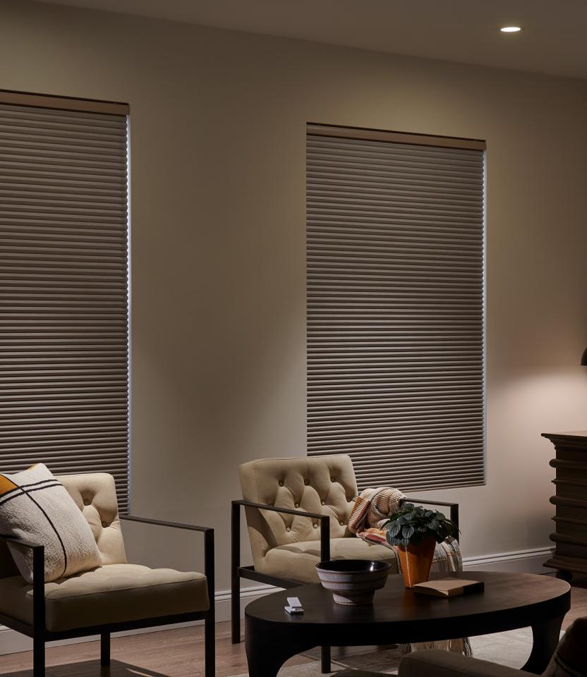 A Northwest private residence living room with Lutron Serena & Honecomb shades