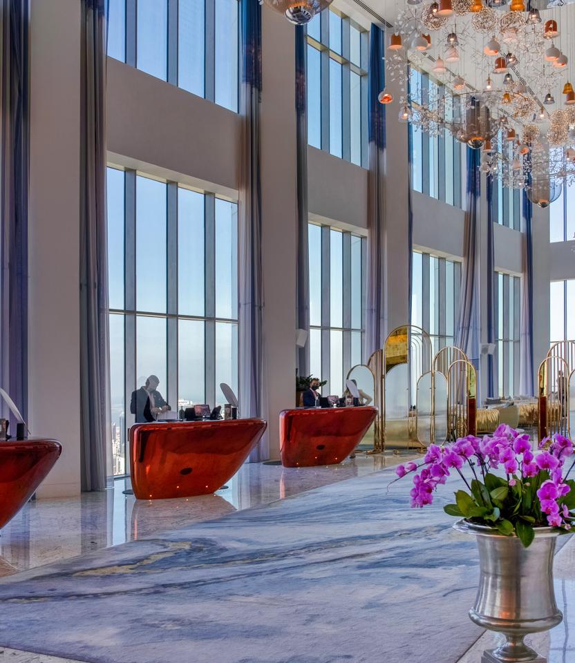 A Dubai hospitality lobby & public spaces with Lutron drapery, Quantrum