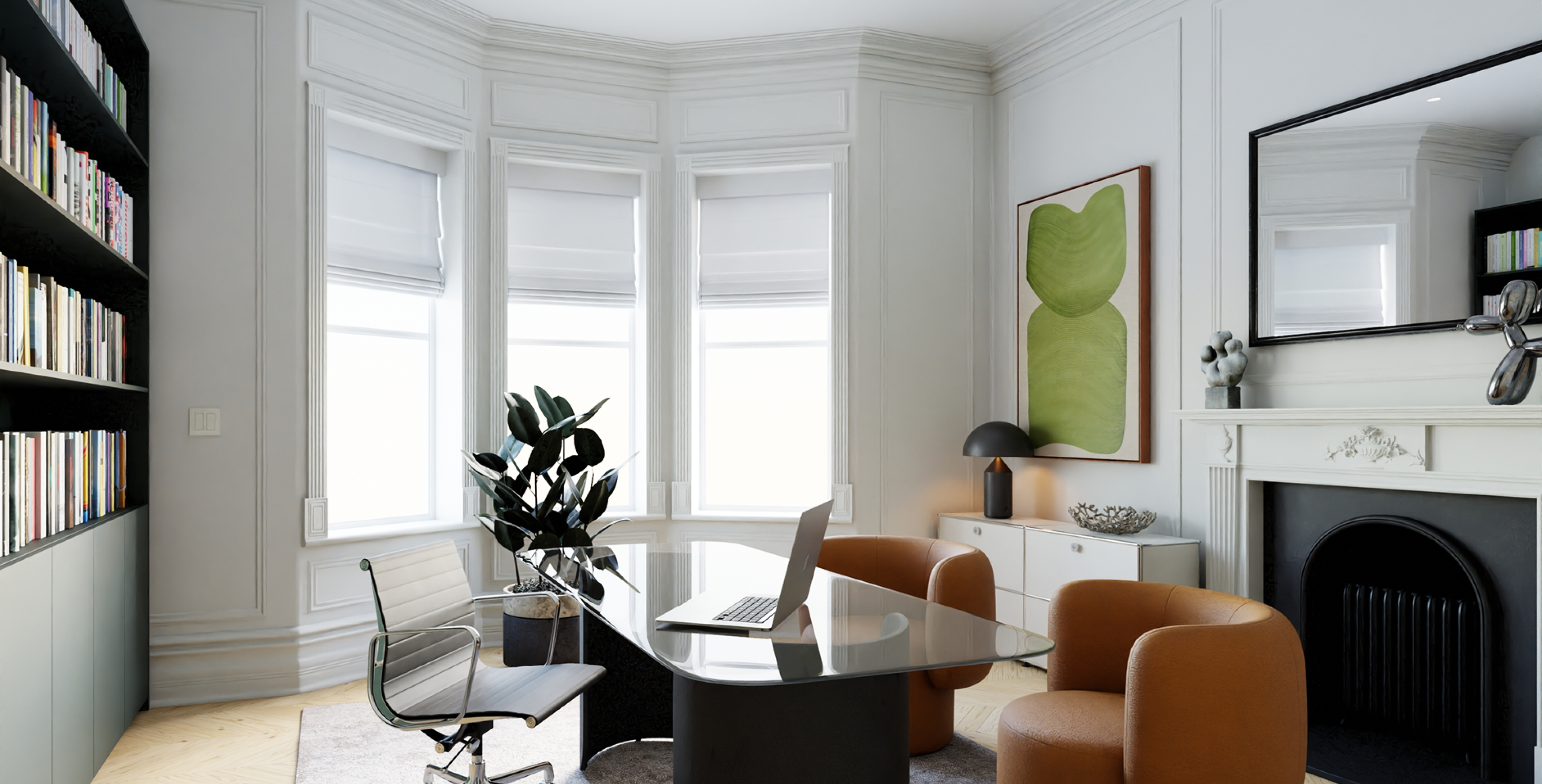 Motorized roller shades in bright home office with natural light control