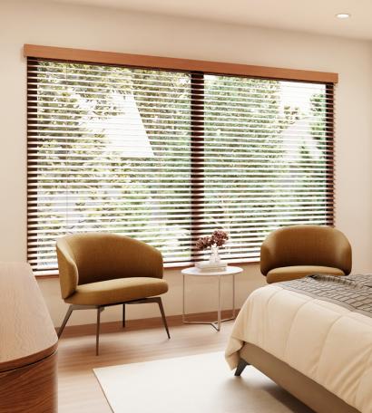 Wired Sivoia wood blinds with dual drive installed in window.