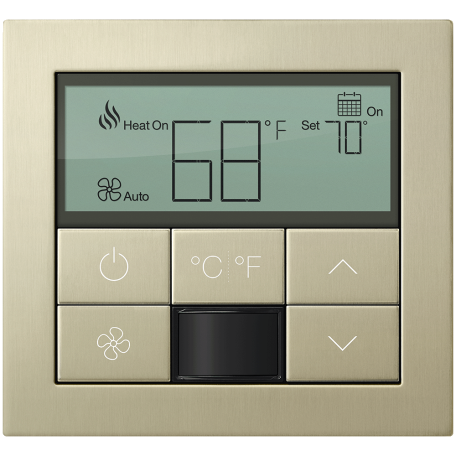 Premium thermostat with metal finishes matching Palladiom architectural controls.