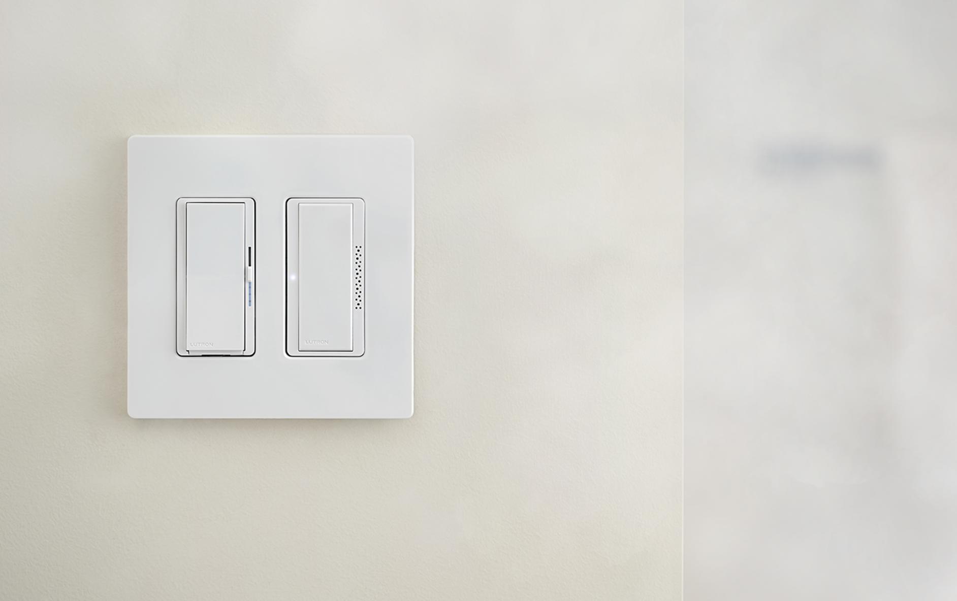 Bathroom wall switch with Humidity Sensor Switch and Diva dimmer with Night Mode detecting steam from a shower.