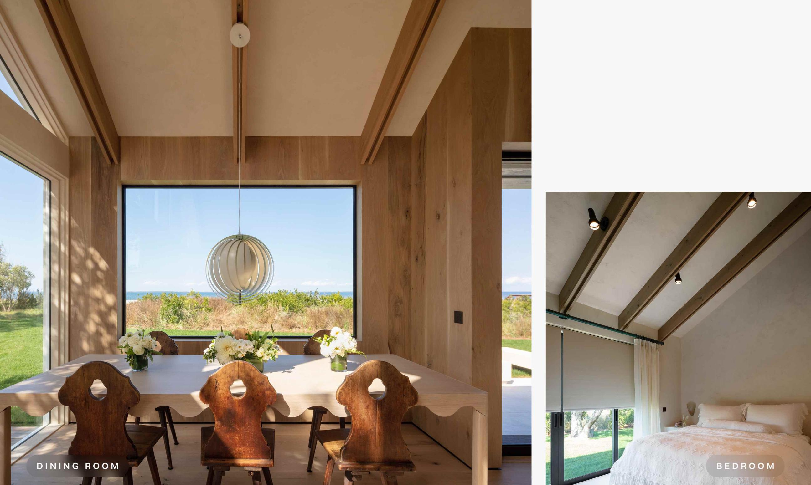 Dining room with a floor-to-ceiling window overlooking greenery, and a bedroom with wood beams and roller shades.