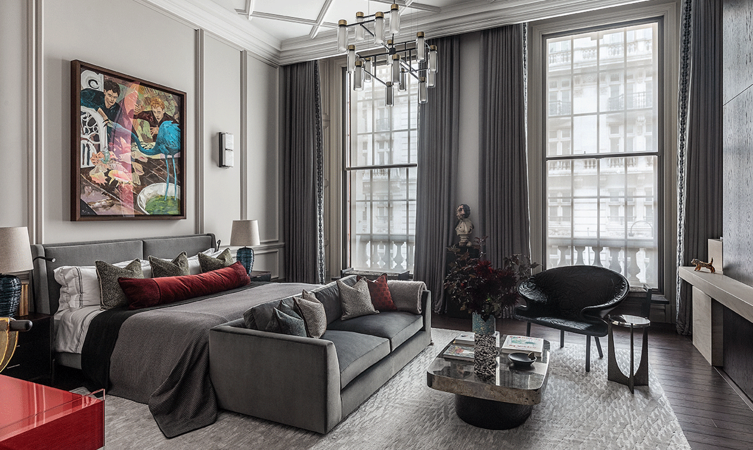 An opulent bedroom at Raffles London at The OWO residences