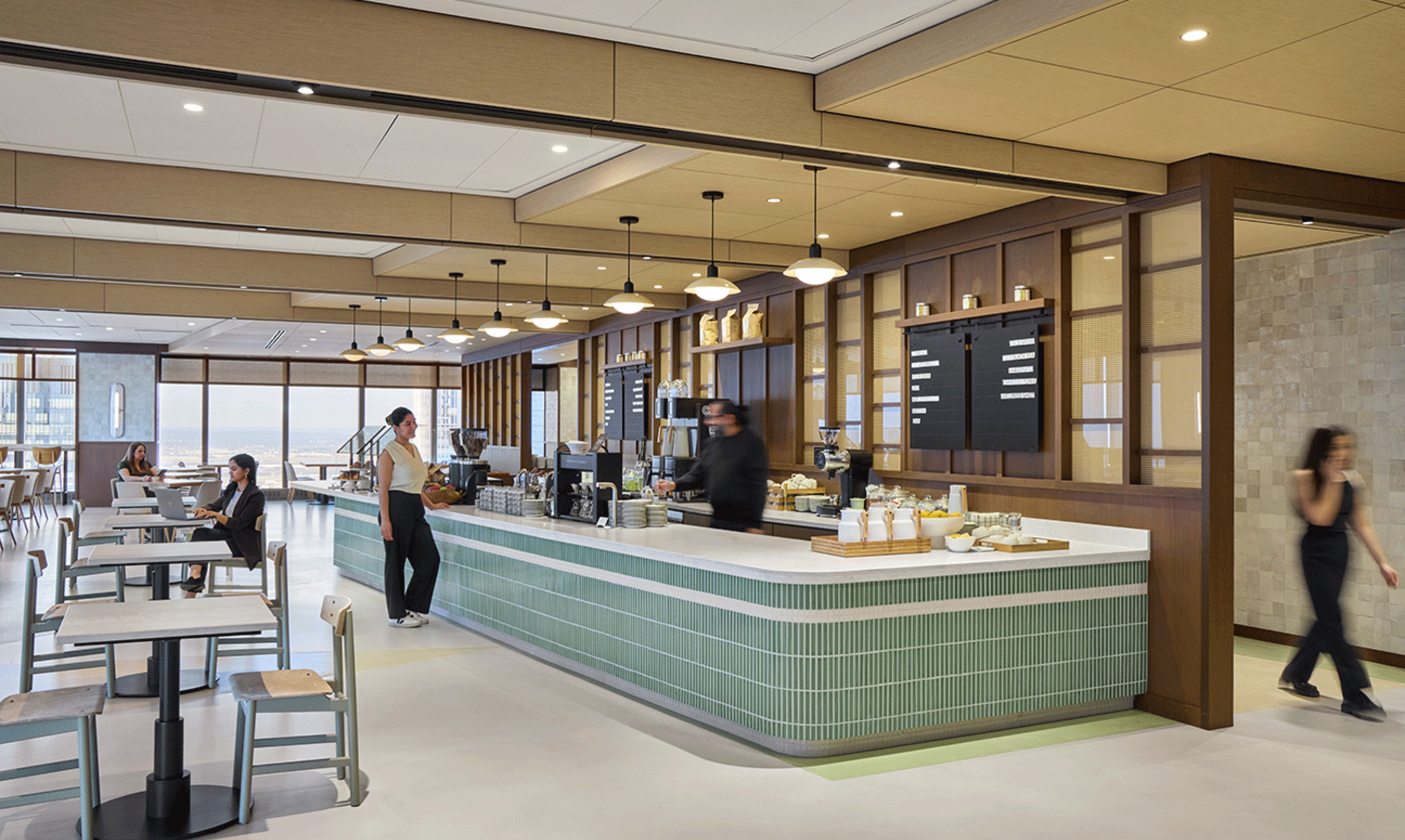 Office works gather around a modern-design amenity space